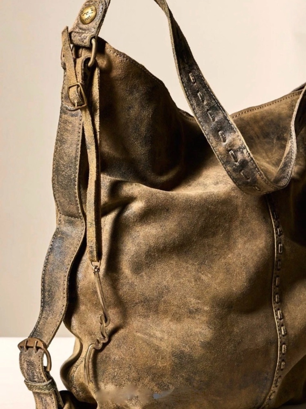 Free People We The Free Distressed Khaki Sandblast Suede Shoulder Bag Bucket - Picture 13 of 13